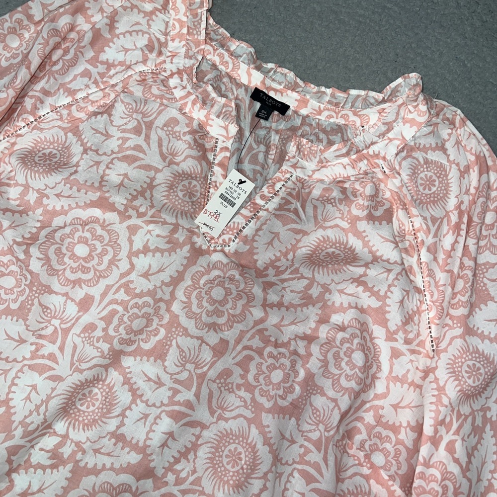 NWT Talbots Plus Shirt Women's 2X Peach Pink Floral Tunic Ruffle Neck Blouse Top